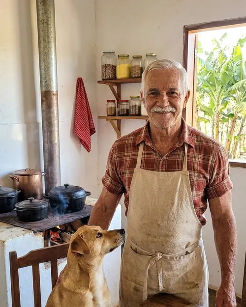 O Vô Bené sorrindo na cozinha da roça, com o Fubá sentado numa cadeira ao lado