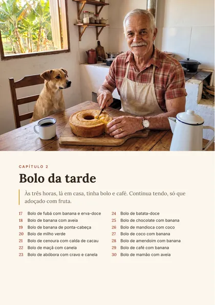 Abertura do capítulo Bolo da tarde, com uma foto do Vô e a lista das receitas