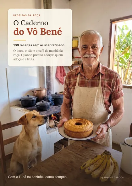 Capa do caderno, com o Vô Bené e o Fubá na cozinha