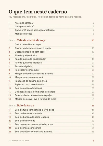 Sumário do caderno, com as receitas de cada capítulo e o número da página